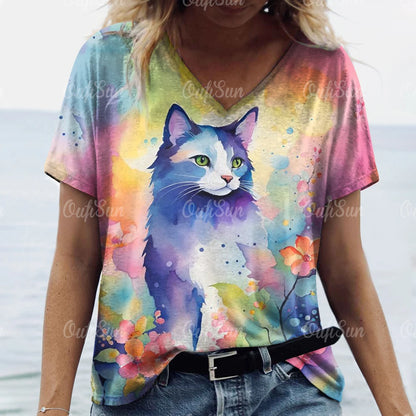 Cartoon Cat Print T-Shirt for Women – Comfortable V-Neck Casual Tee