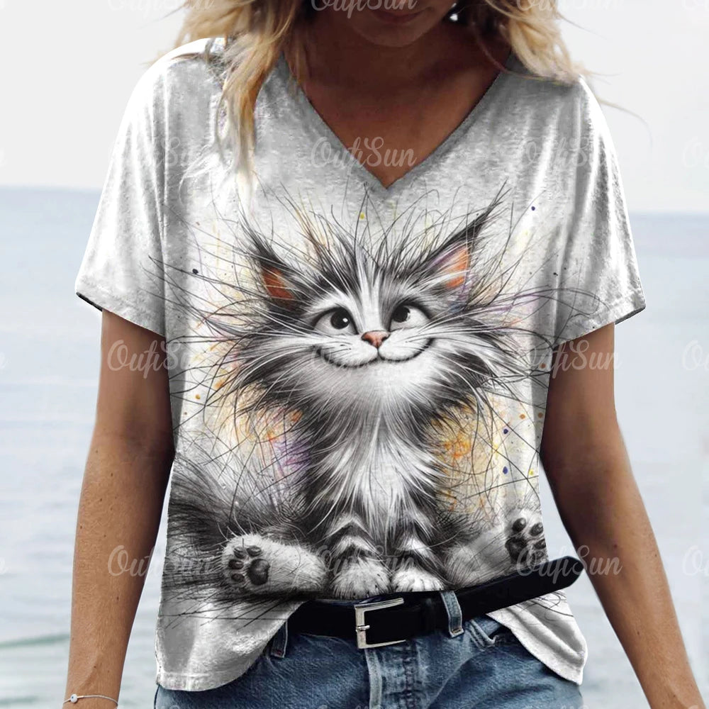 Casual V-Neck Cat Print T-Shirt – Soft, Stylish, and Perfect for Cat Lovers