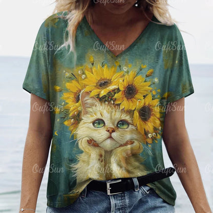 Casual V-Neck Cat Print T-Shirt – Soft, Stylish, and Perfect for Cat Lovers