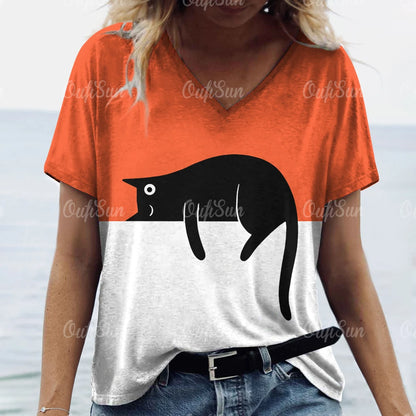 Cute Cat Print V-Neck T-Shirt for Women – Playful & Comfortable Casual Tee