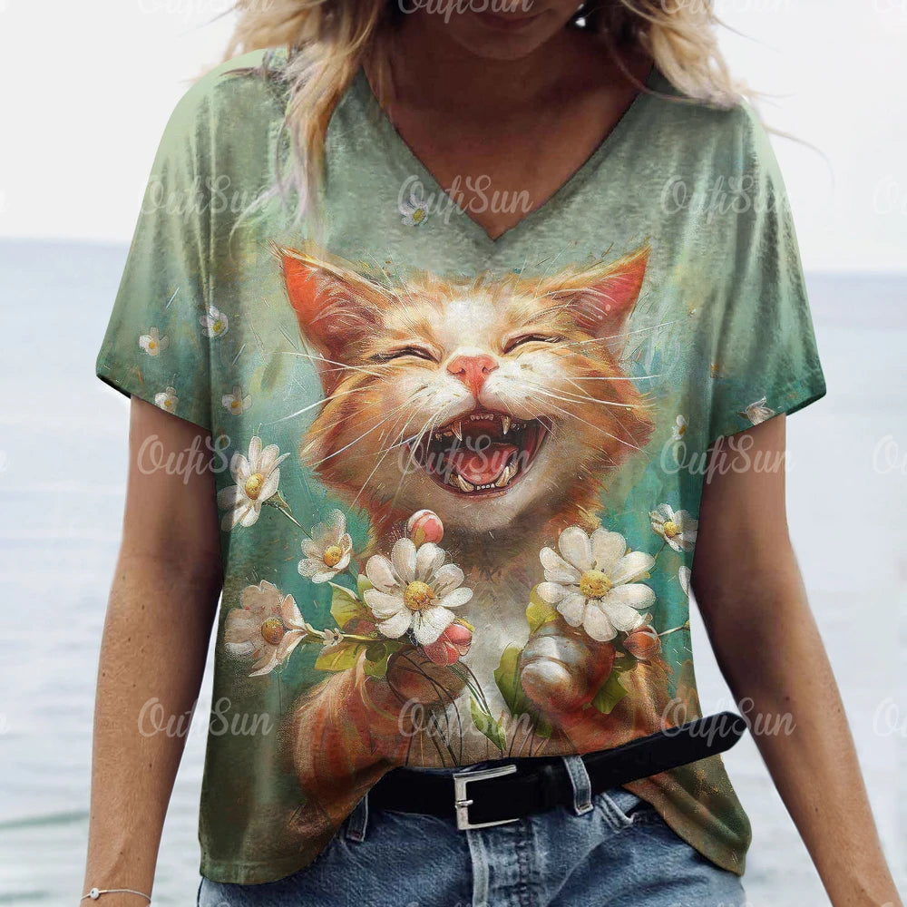 Casual V-Neck Cat Print T-Shirt – Soft, Stylish, and Perfect for Cat Lovers