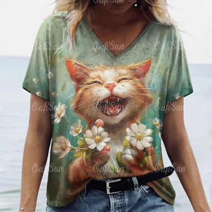 Cartoon Cat Print T-Shirt for Women – Comfortable V-Neck Casual Tee