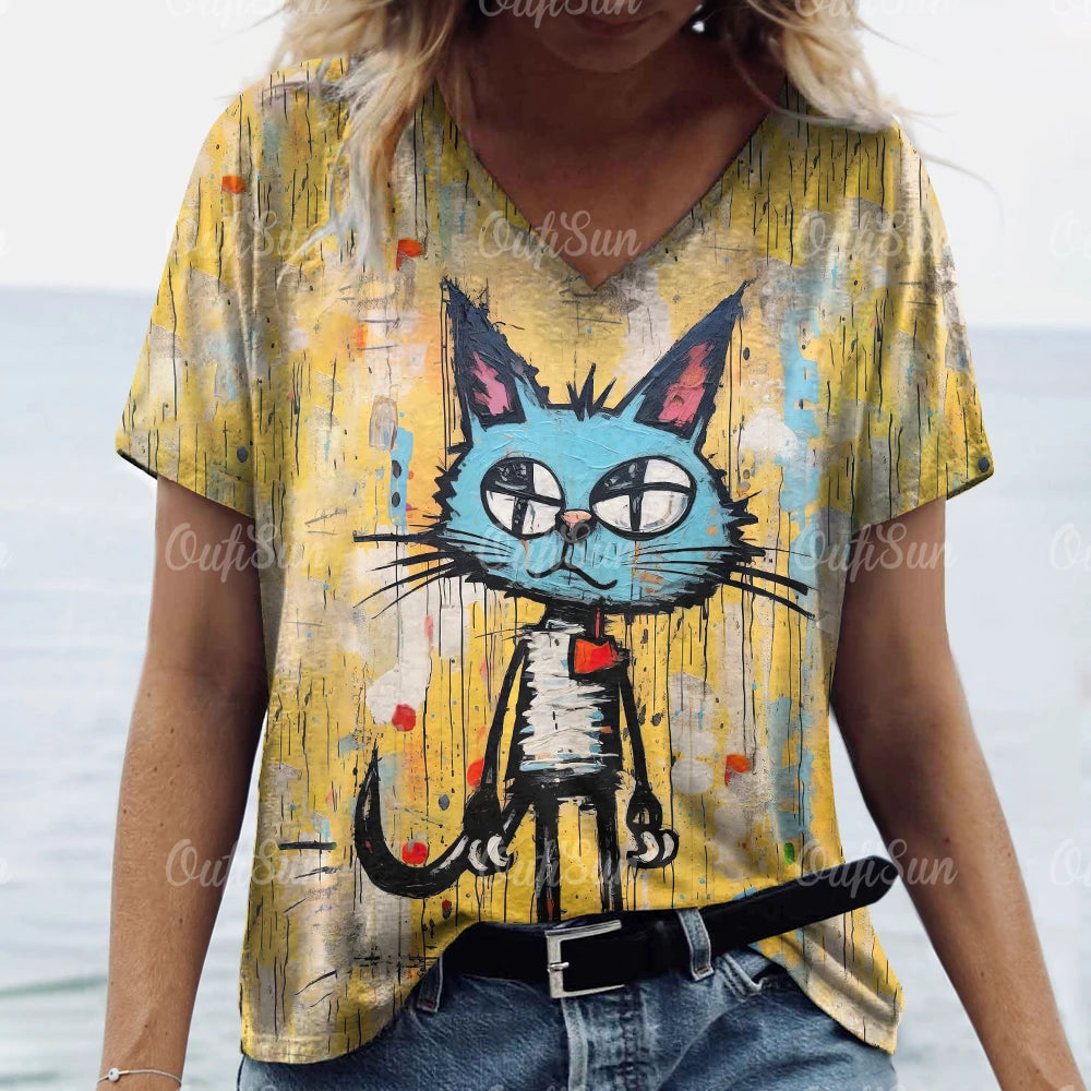 Cartoon Cat Print T-Shirt for Women – Comfortable V-Neck Casual Tee