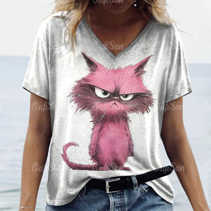 Cute Cat Print V-Neck T-Shirt for Women – Playful & Comfortable Casual Tee