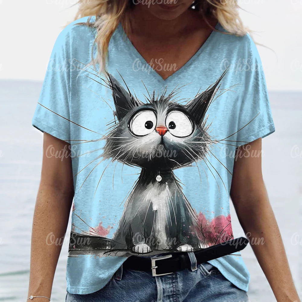 Casual V-Neck Cat Print T-Shirt – Soft, Stylish, and Perfect for Cat Lovers