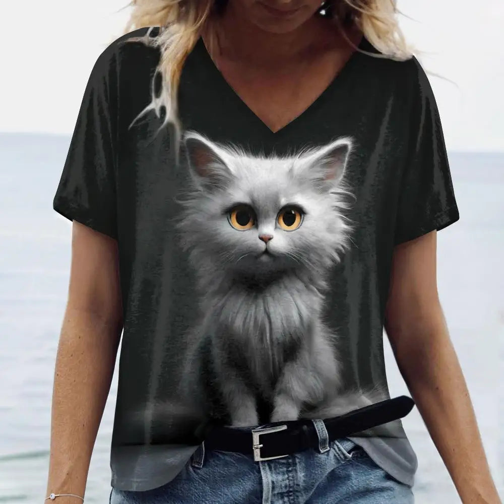 Cute Cat Print V-Neck T-Shirt for Women – Playful & Comfortable Casual Tee