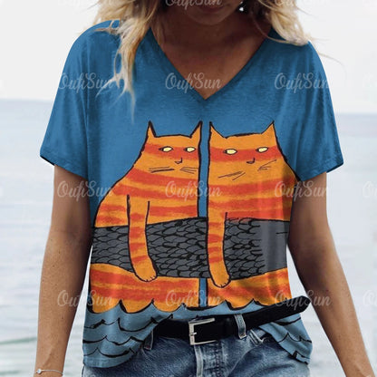 Cartoon Cat Print T-Shirt for Women – Comfortable V-Neck Casual Tee