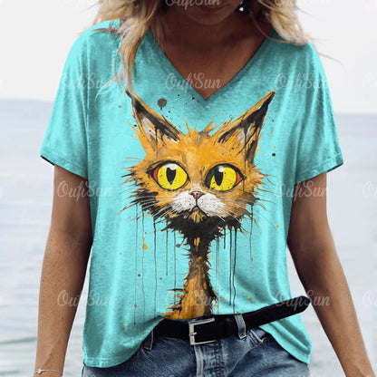 Cartoon Cat Print T-Shirt for Women – Comfortable V-Neck Casual Tee