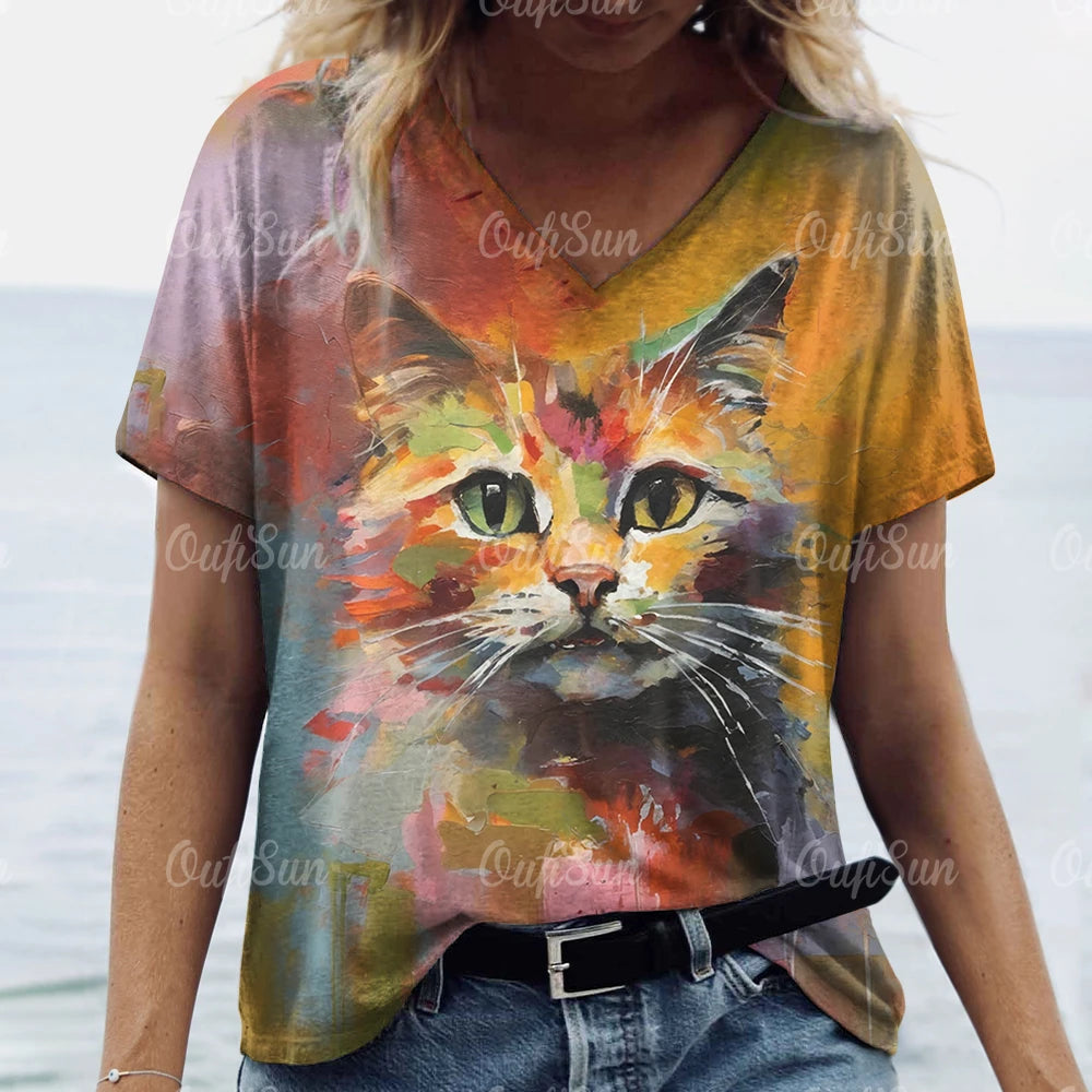 Cartoon Cat Print T-Shirt for Women – Comfortable V-Neck Casual Tee