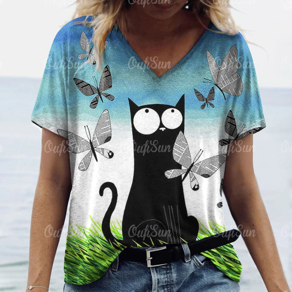 Casual V-Neck Cat Print T-Shirt – Soft, Stylish, and Perfect for Cat Lovers