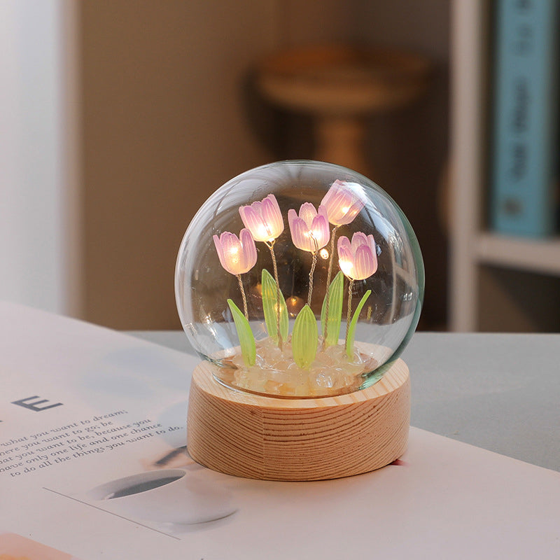 Elegant Tulip Night Light – Glass & Wood Decorative Lamp for Home & Gifts