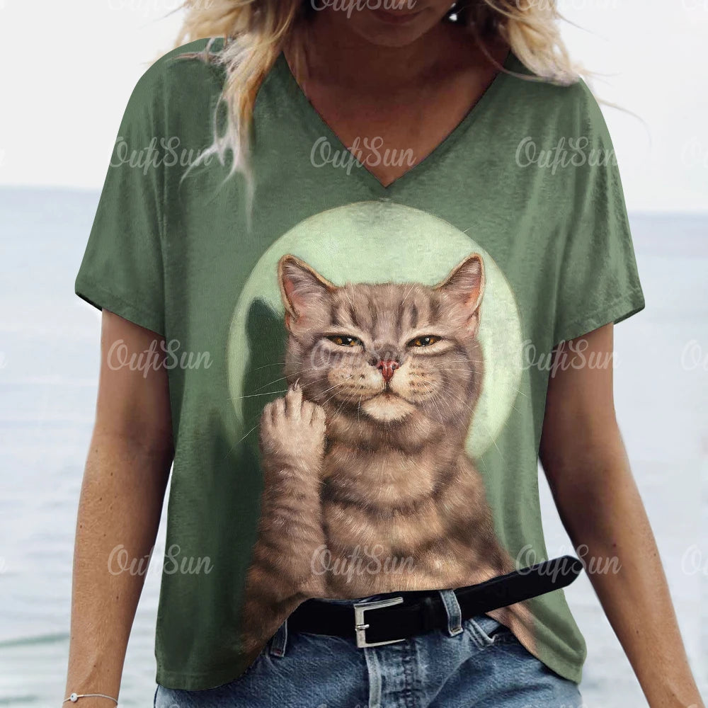 Cute Cat Print V-Neck T-Shirt for Women – Playful & Comfortable Casual Tee