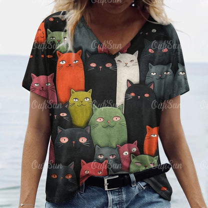 Cute Cat Print V-Neck T-Shirt for Women – Playful & Comfortable Casual Tee