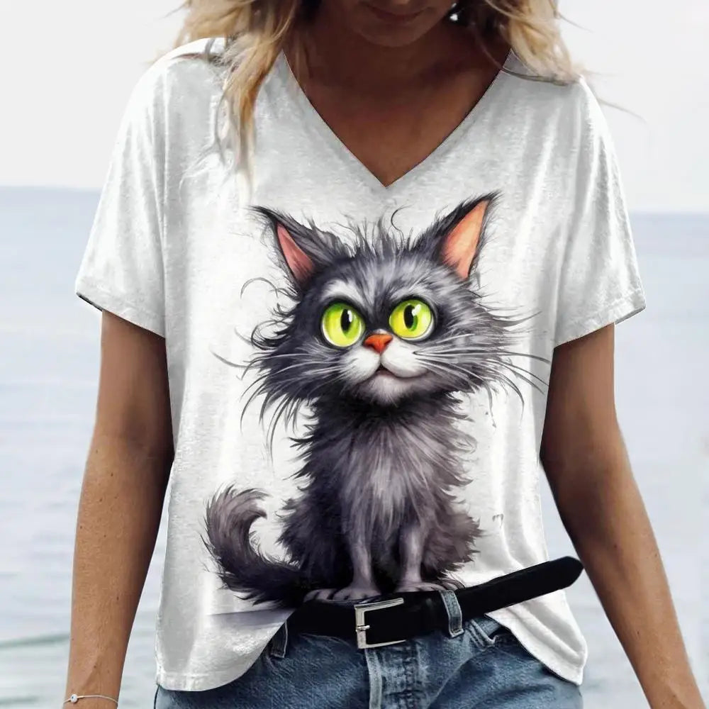 Cute Cat Print V-Neck T-Shirt for Women – Playful & Comfortable Casual Tee