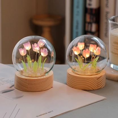 Elegant Tulip Night Light – Glass & Wood Decorative Lamp for Home & Gifts