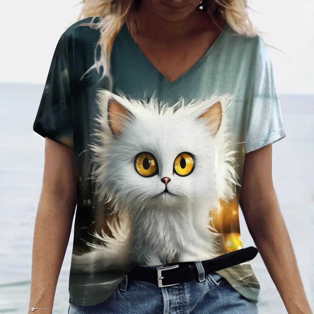 Cute Cat Print V-Neck T-Shirt for Women – Playful & Comfortable Casual Tee