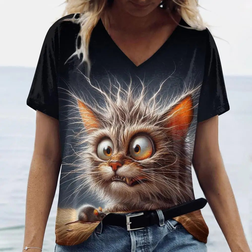 Cartoon Cat Print T-Shirt for Women – Comfortable V-Neck Casual Tee