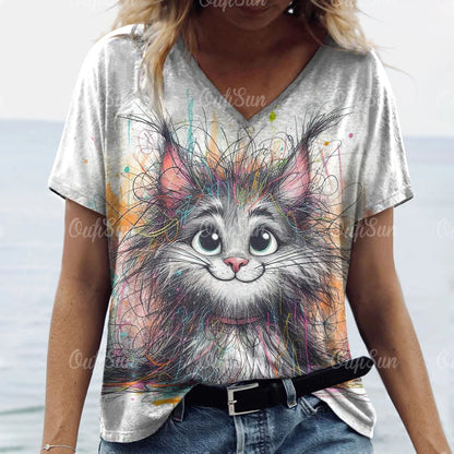 Cartoon Cat Print T-Shirt for Women – Comfortable V-Neck Casual Tee