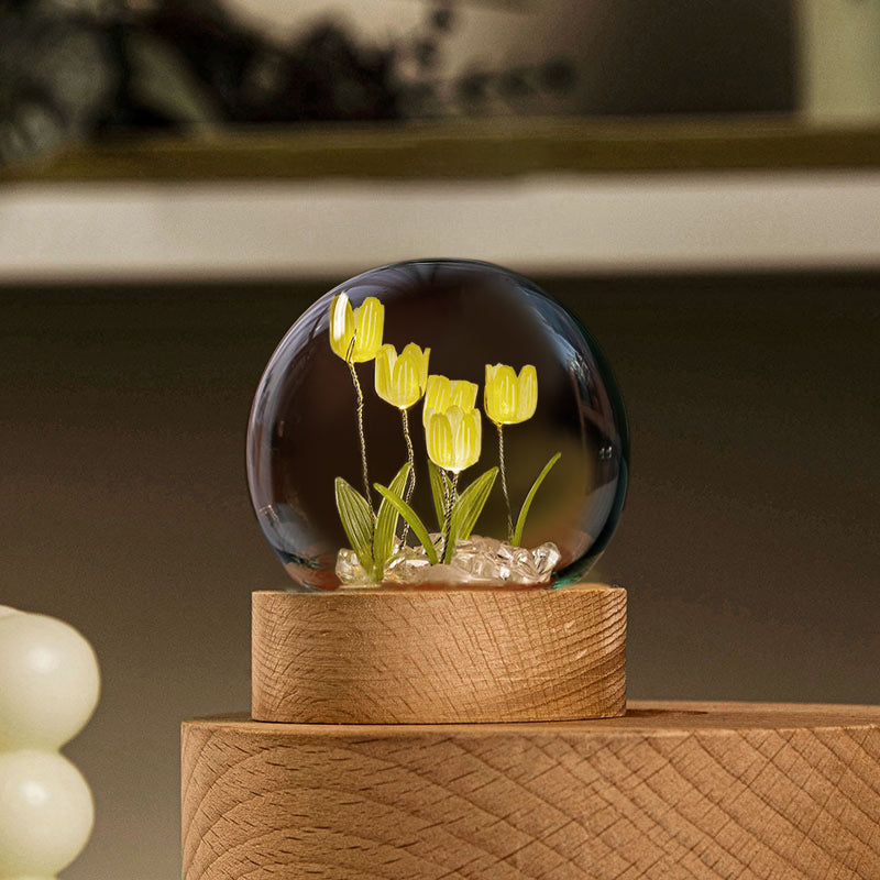 Elegant Tulip Night Light – Glass & Wood Decorative Lamp for Home & Gifts