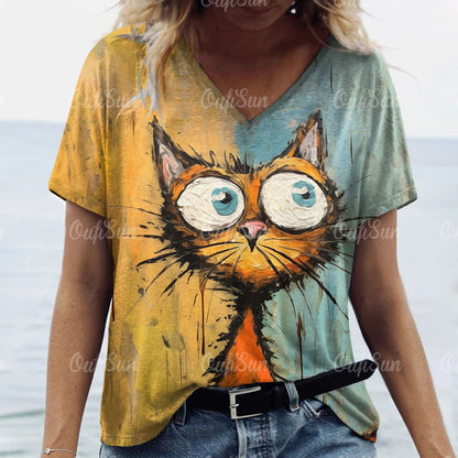 Cute Cat Print V-Neck T-Shirt for Women – Playful & Comfortable Casual Tee