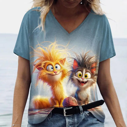 Casual V-Neck Cat Print T-Shirt – Soft, Stylish, and Perfect for Cat Lovers