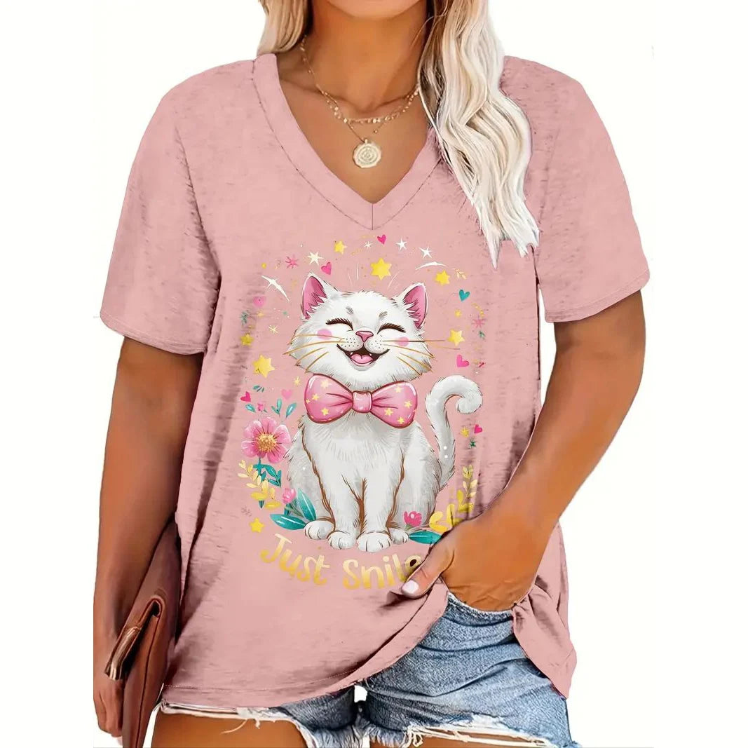 Cute Cat Print V-Neck T-Shirt for Women – Playful & Comfortable Casual Tee